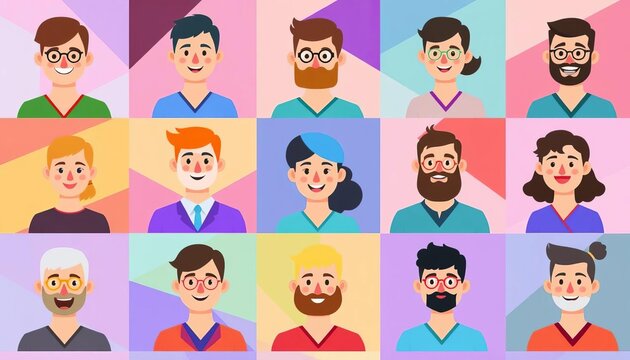 Geometric flat cartoon avatar set; colorful shapes, modern style, web design, social media profiles, simple, geometric - Powered by Adobe