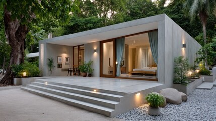 Modern concrete beach house with large windows