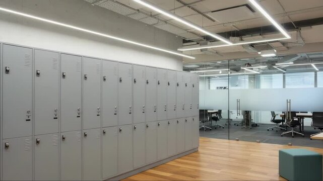 Lockers in modern office space with glass wall partition indoors