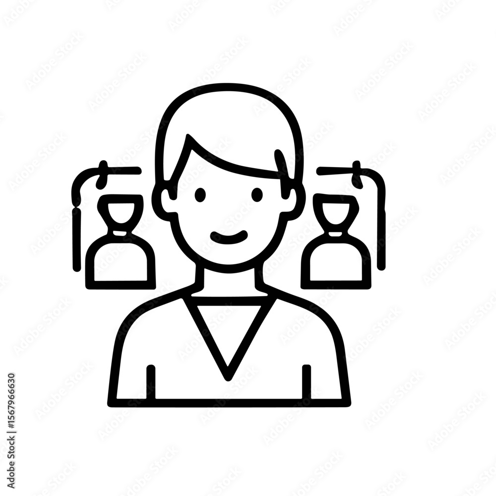 Poster icon of a smiling person with two connected figures behind them, representing networking or connecti