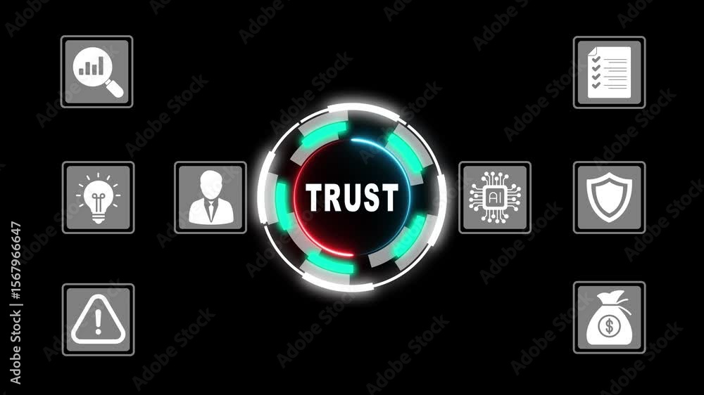 Poster digital trust concept animated graphic with a i data security and financial icons illustrating