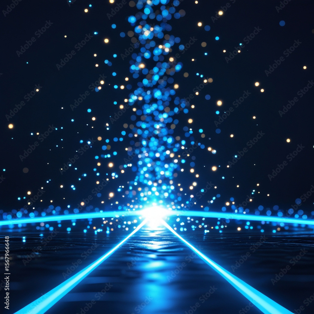 Poster a futuristic scene with glowing blue lines and bokeh lights against a dark background on a reflectiv