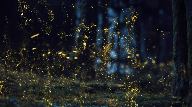 Magical glowing fireflies in an enchanted forest in golden and dark blue colors representing a fantasy background with copy space words + concept