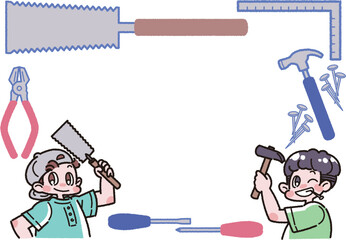 工具と男の子のフレーム風のイラスト
