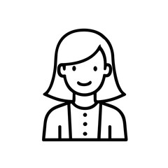 Simple black line drawing of a smiling young woman's profile.