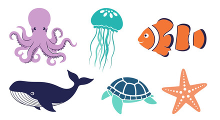 Vector ocean animals illustration featuring octopus, jellyfish, clownfish, whale, turtle, and starfish drawing