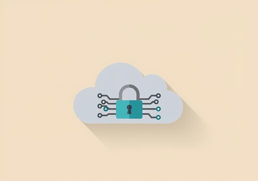Flat illustration of a cloud icon with a circuit board padlock, symbolizing cloud security, data protection, and cybersecurity.