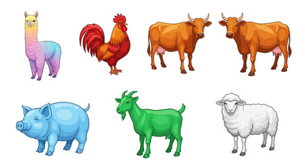 Vector farm animals vector illustration featuring llama, rooster, cow, pig, goat, and sheep cartoon clip art