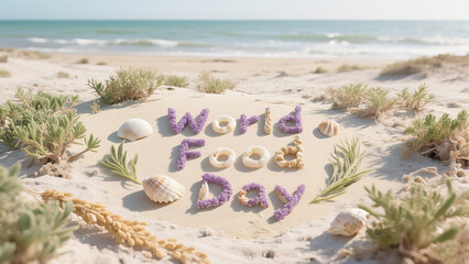 The seashells on the beach form the text of World Food Day, representing the integration of nature and festivals, and are used for environmental protection, public welfare, and seaside activities.