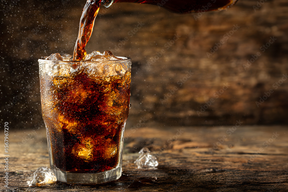 Poster refreshing cola beverage being poured into a glass with ice cubes, creating a cool drink with bubble