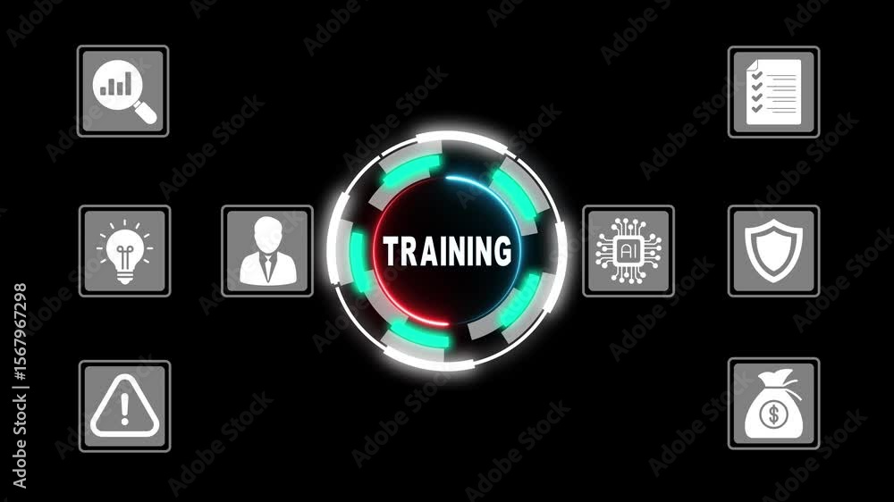 Poster training concept visualized with futuristic interface icons representing business analysis a i