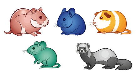 Vector cute cartoon pet rodents illustration featuring hamster, chinchilla, guinea pig, mouse, and ferret drawing