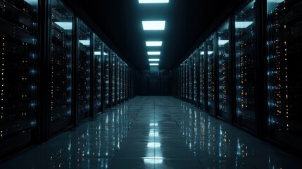 Modern server room corridor dark metal racks cool blue lighting technology concept
