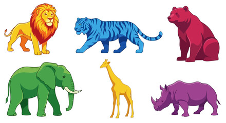Vector colorful cartoon animal illustration featuring lion tiger bear elephant giraffe and rhinoceros artwork design