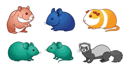 Vector illustration of cute rodents including hamster chinchilla guinea pig mouse and ferret pet animals drawing