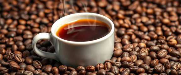 Fototapeten A steaming cup of coffee nestled in a bed of coffee beans, dark, robusta © Jenes