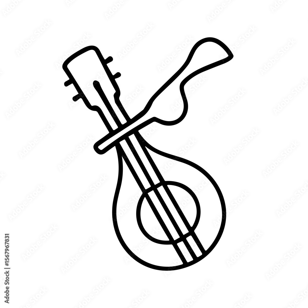 Poster line art illustration of a mandolin with a plectrum resting on its strings.
