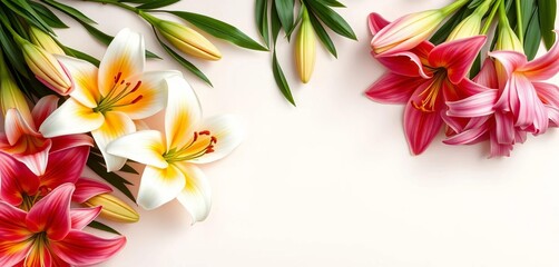 Obraz premium Elegant lilies arranged on a soft, light background, light background, beautiful flowers
