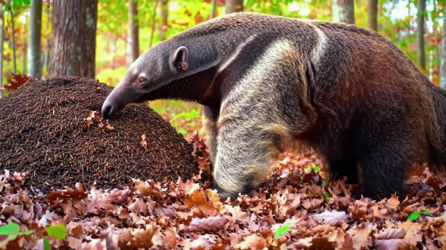 Anteater foraging for food at an anthill in a forest setting