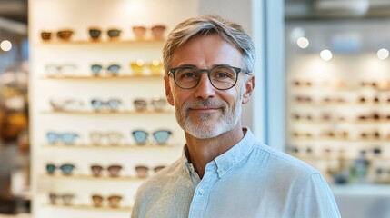 Un opticien lunetier souriant dans son magasin de lunettes