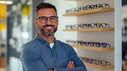 Un opticien lunetier souriant dans son magasin de lunettes