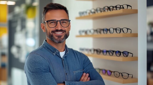 Un opticien lunetier souriant dans son magasin de lunettes