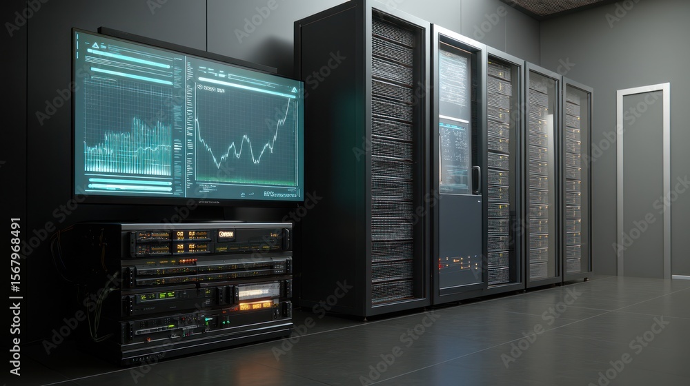 Poster server room data center technology stock market graph display