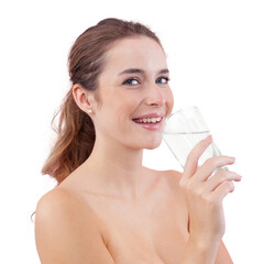 Smiling woman drinking a glass of water, healthy lifestyle and natural beauty. Real skin with...