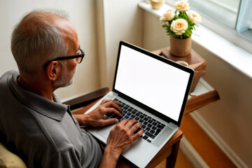 elderly man sitting at home at table using laptop with white screen, monitor mockup