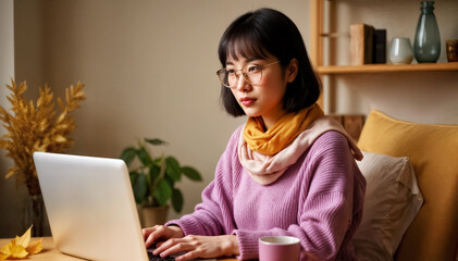 young asian woman working at home with laptop, freelancing concept