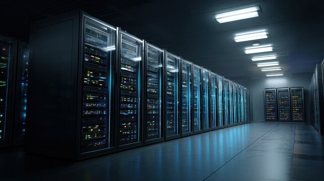 Modern server room interior data center network technology digital storage night scene