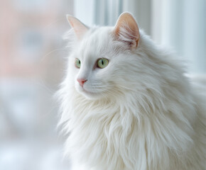 Elegant White Long-Haired Cat Sitting by the Window with Soft Natural Light