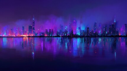 Obraz premium Futuristic cityscape night reflection purple and blue city lights modern urban skyline