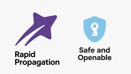 The meteor and shield lock icons represent rapid dissemination and secure openness, used for information promotion and platform construction scenarios.