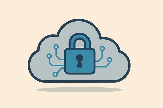 Flat illustration of a cloud icon with a circuit board padlock, symbolizing cloud security, data protection, and cybersecurity.