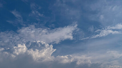 A partly cloudy blue sky with white, fluffy clouds of varying sizes, illuminated by natural light