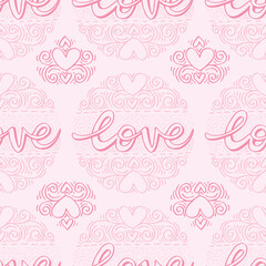 Seamless pattern with hearts and the words love on pink background. Vector illustration