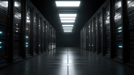 Dark server room corridor technology and data center concept