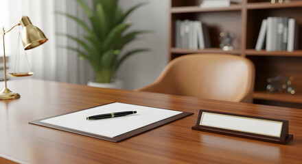 Fototapeta premium Empty Office Desk with Pen and Blank Nameplate in Modern Workspace
