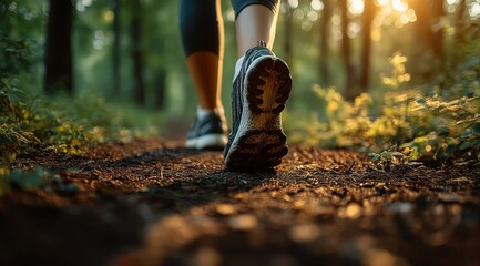 Close up of running shoes on a forest path, sunlight filtering through trees at sunset, creating a warm, motivational atmosphere