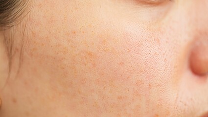Close-up macro shot of mature human facial skin showing natural aging process with freckles, age spots, fine lines, and visible pores on cheek area with blonde hair visible
