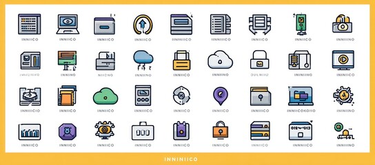 Collection of flat design icons representing various computer and data-related concepts
