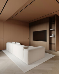 kitchen and living room interior in brown mocha mousse 2025 color with modern decoration - 3D rendering