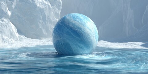 Ice sphere resting on rippled water, amongst icy cliffs