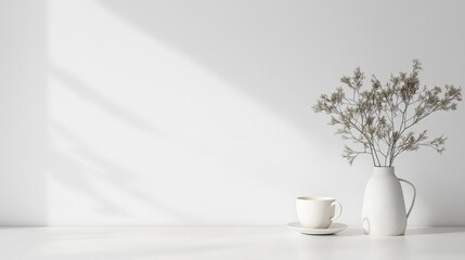 Minimalist White Still Life with Coffee Cup and Dried Plant Arrangement