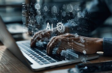 Person using laptop, AI overlay