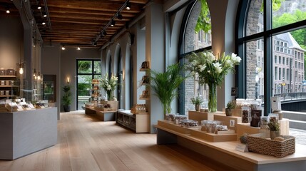 Light-filled, modern shop with exposed beams, showcasing chocolates and other treats. Large windows offer city views