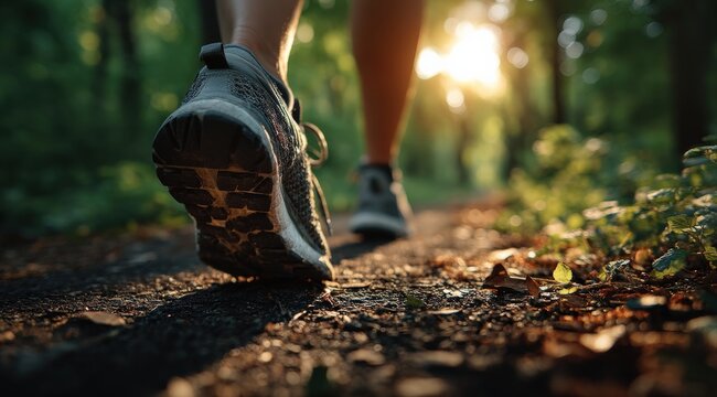 Close up of running shoes jogging in a forest path at sunset, creating a serene and active lifestyle image