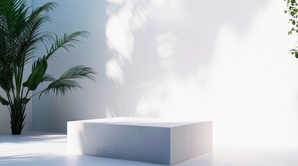 Luxury White Marble Product Display Pedestal with Tropical Palm Plant and Dramatic Natural Window Light Shadows