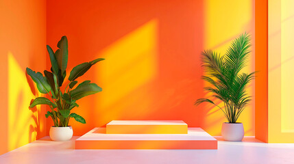Modern Tropical Product Display Podium with Vibrant Orange Gradient Background
